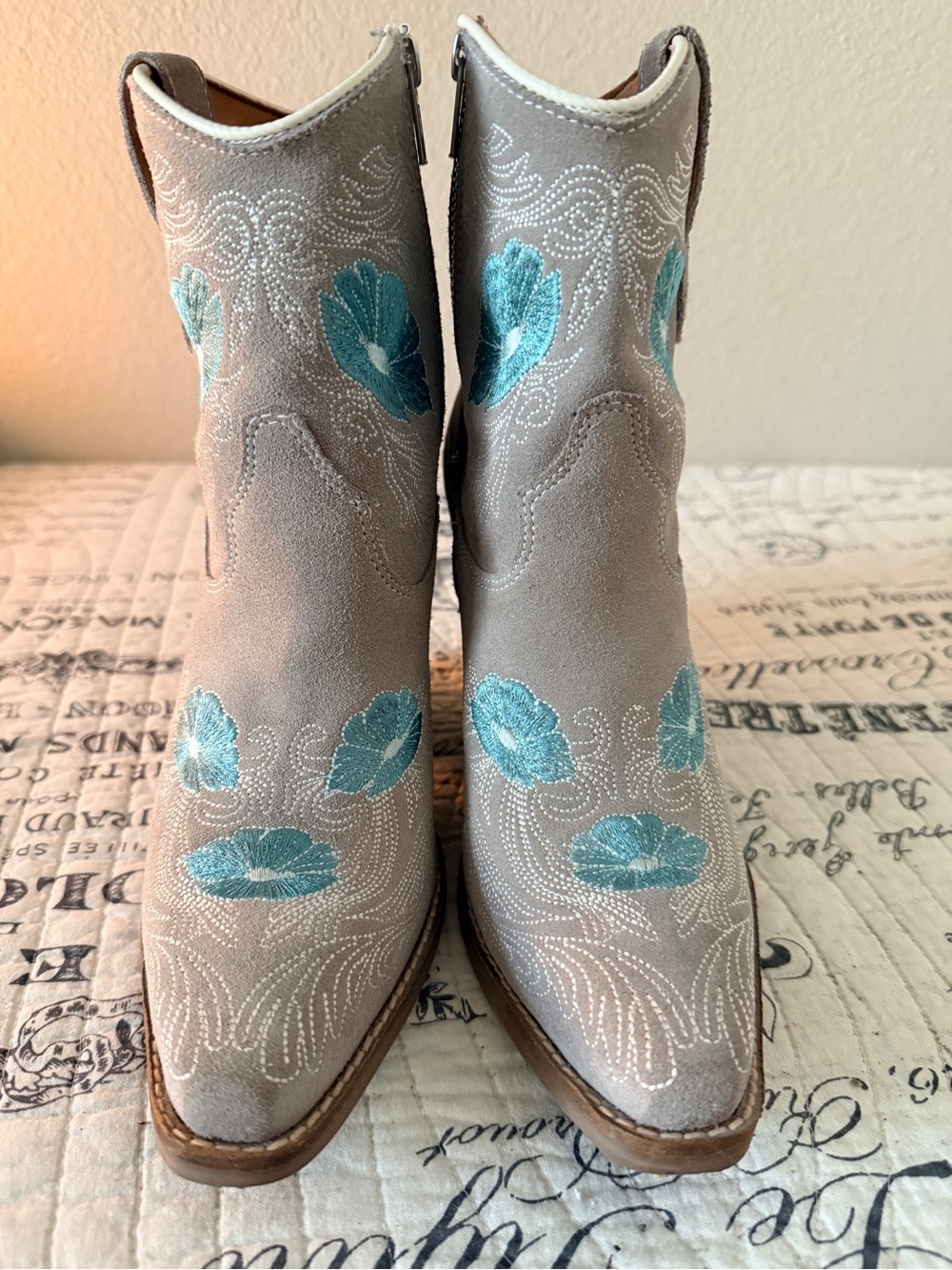 dingo Light Gray Suede Ankle Boots with Teal Floral Embroidery